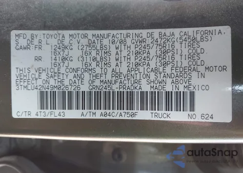 2009 Toyota Tacoma Base V6 из США, поврежденный, VIN 3TMLU42N49M026726